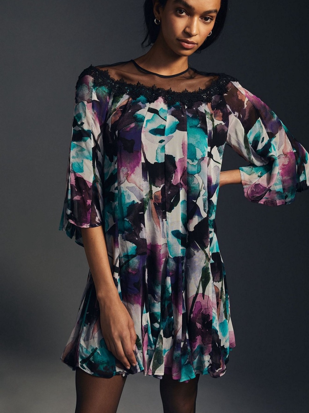 Anthropologie Teal Purple Black Floral Chiffon Mini Dress
